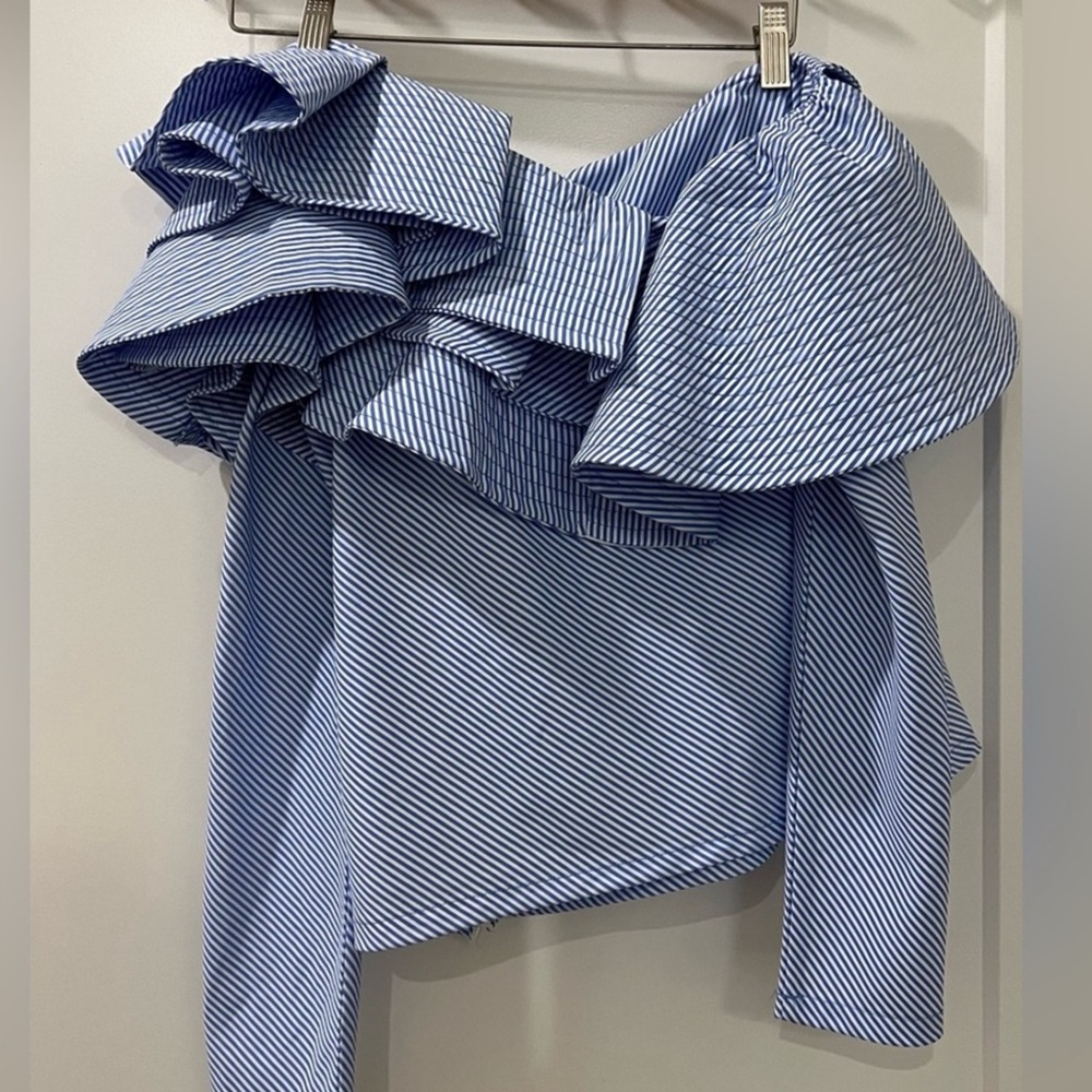 LUXE by Stylekeepers Asymmetrical Ruffle Off the Shoulder Striped Coastal Top